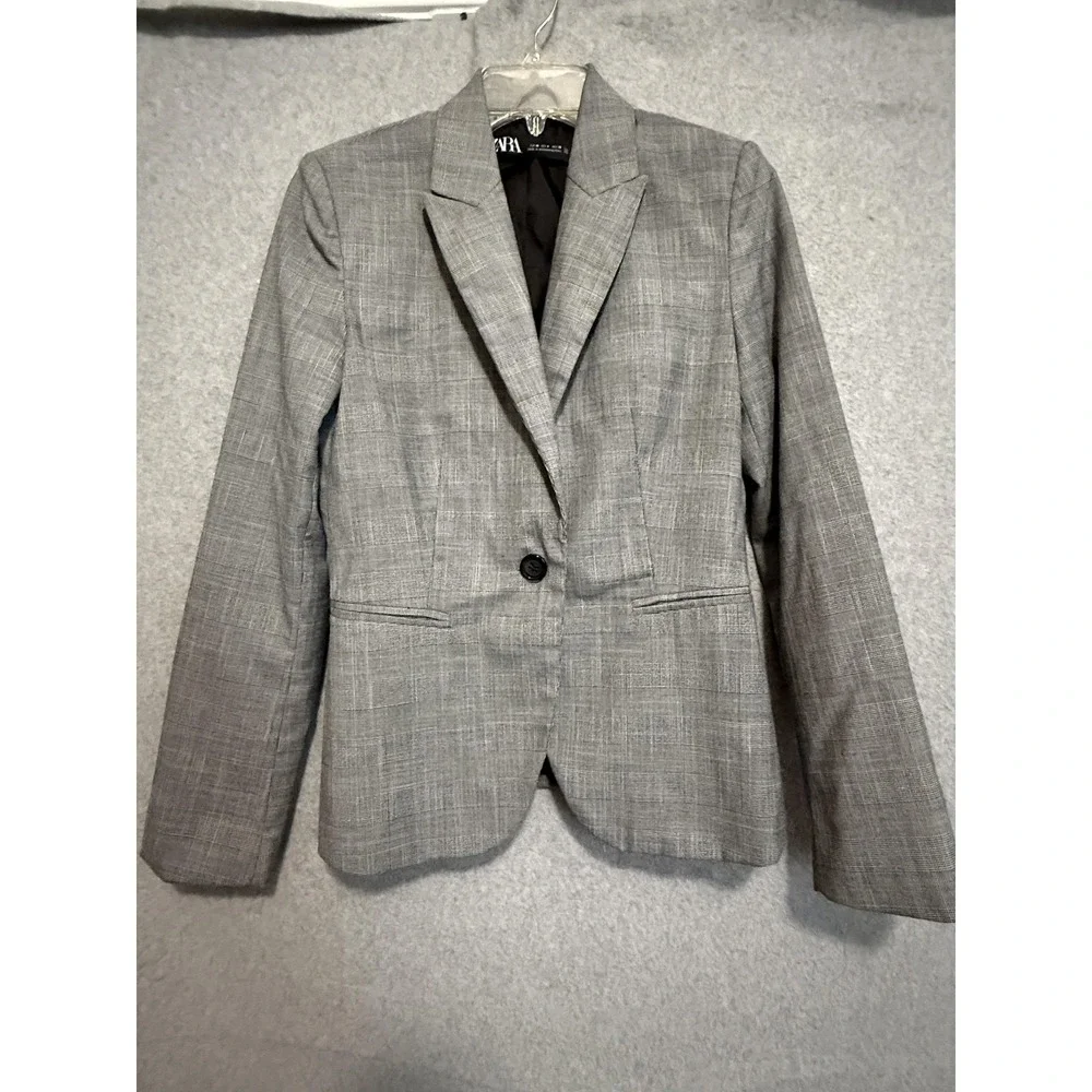 Zara Blazer Womens 4 Gray Plaid One Button Lined Stretch Tailored Jacket Career